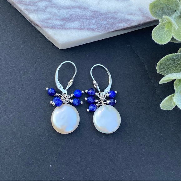 Pearl Lapis Lazuli Earrings Hoops Lever back Sterling Silver - Picture 6 of 7